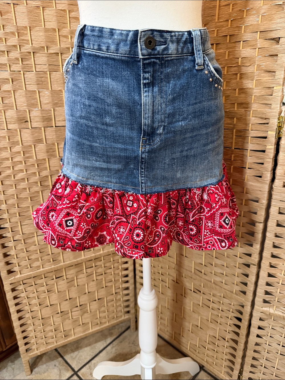 Hand Crafted Denim Mini Skirt with Red Bandana Ruffle